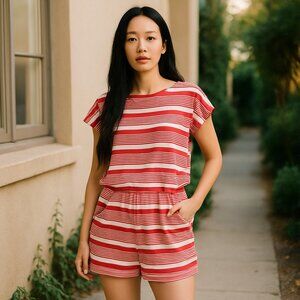 NWT Cabi  Leisure Playsuit #6220  Haute Red White Striped Medium